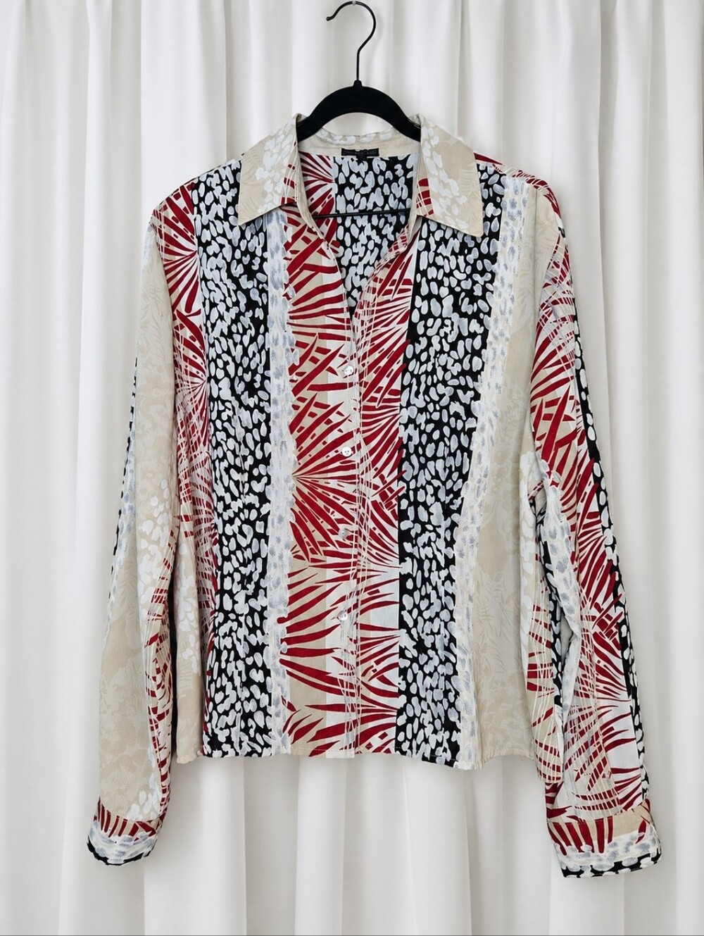 Vintage PIANO Mixed Print Button Front Blouse Abstract Tropical Animal Stripe